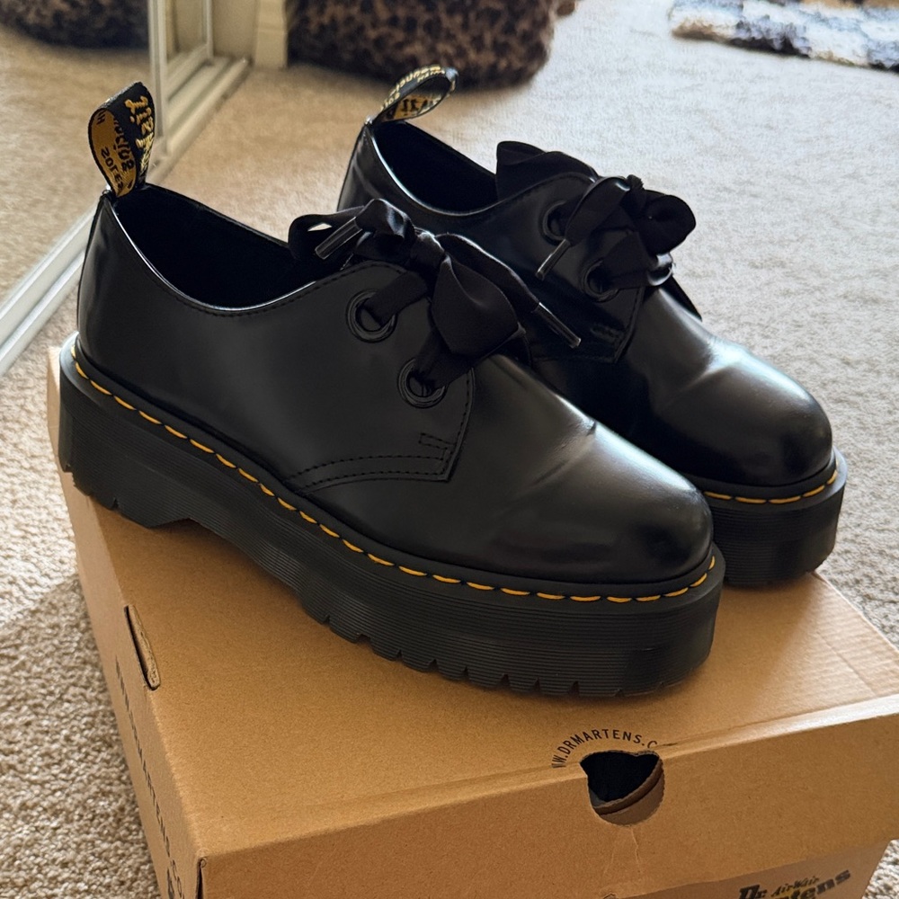 Dr. Martens Black Patent Platform Ribbon Lace Shoes Holly